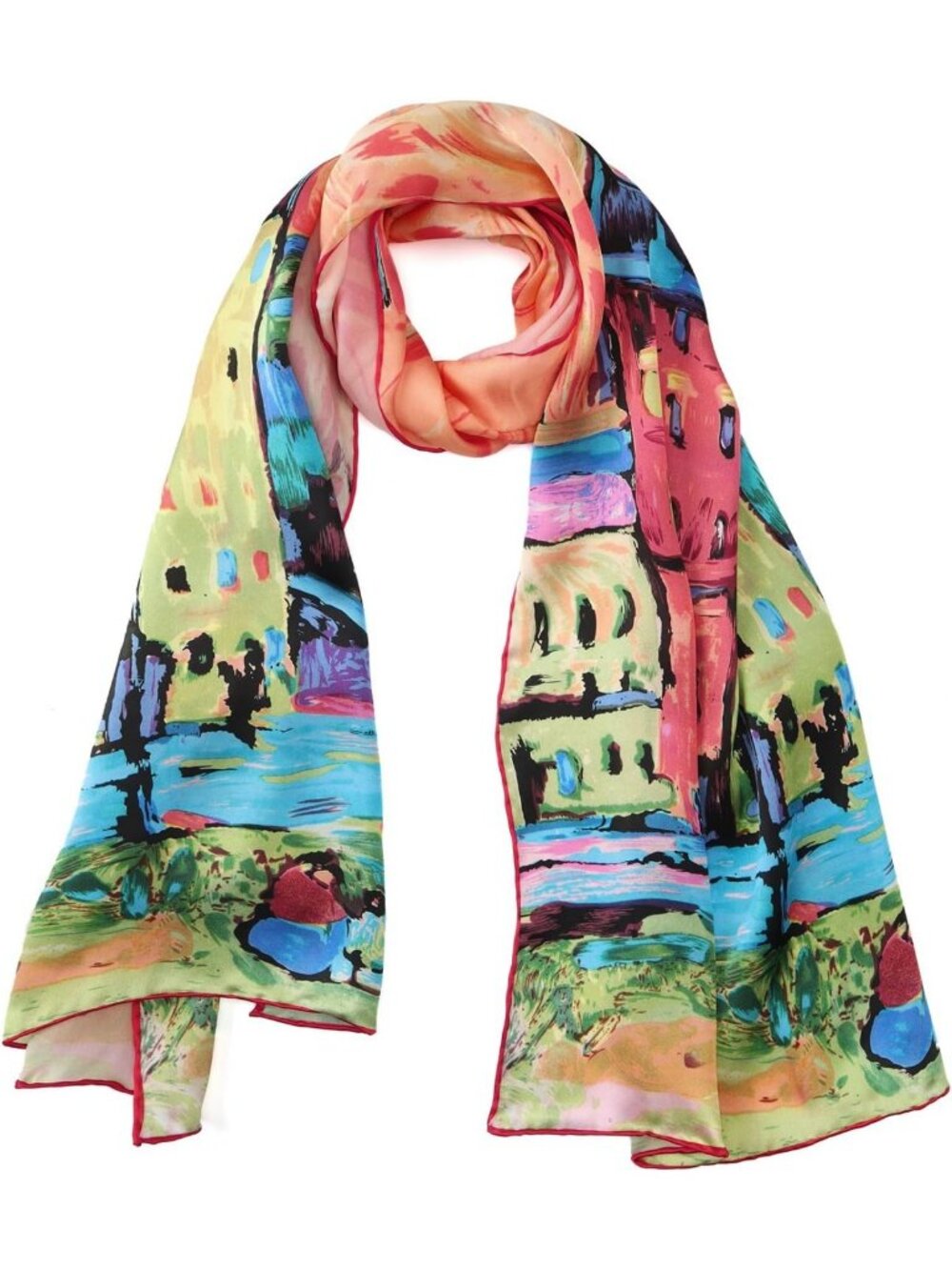 Elegant Charmeuse Silk Scarf with Classic Art Print - Luxurious Fashion